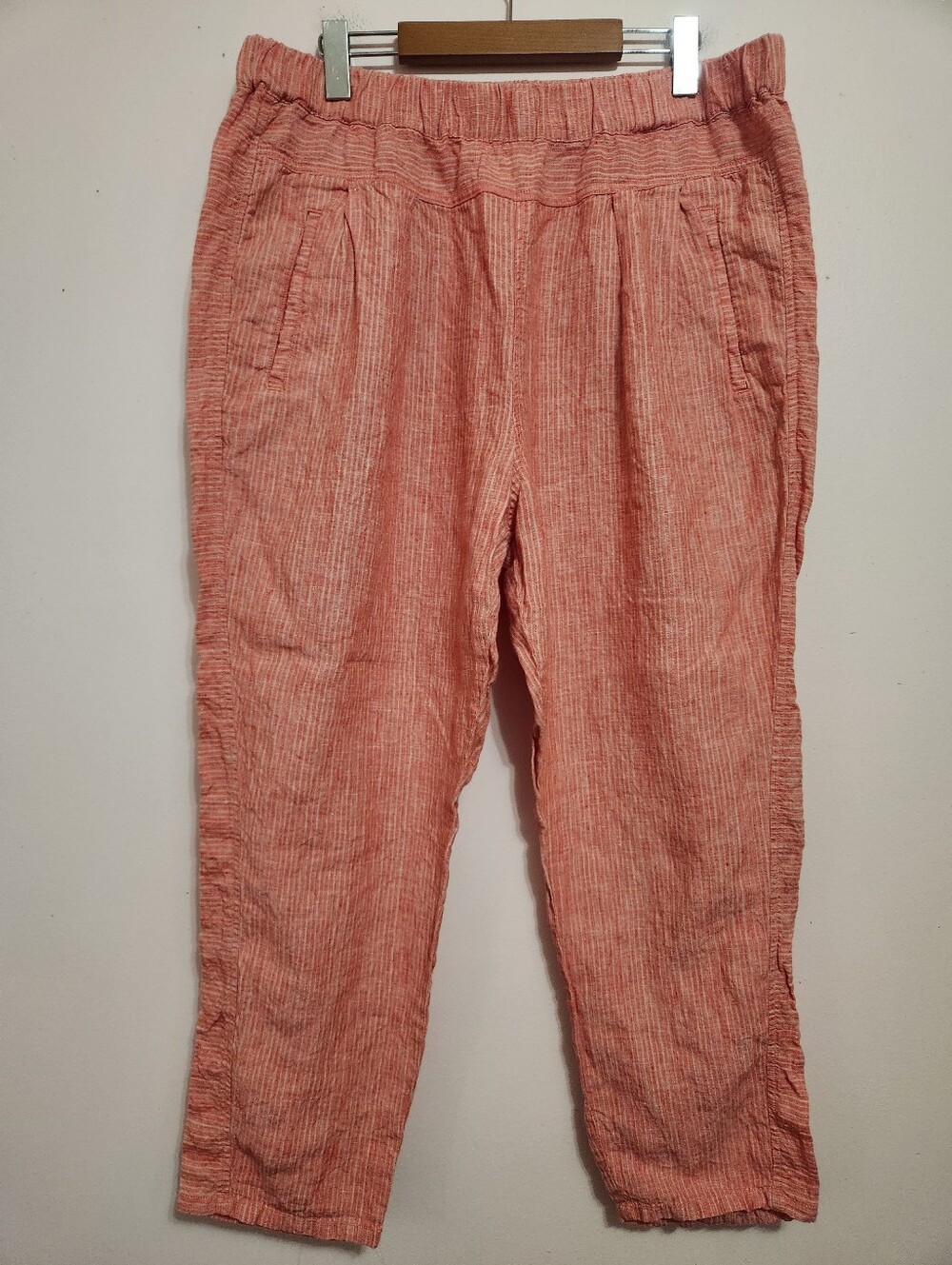 Anthropologie 100% Linen Striped Pull On Pants Coral Coastal Lagenlook Size L
